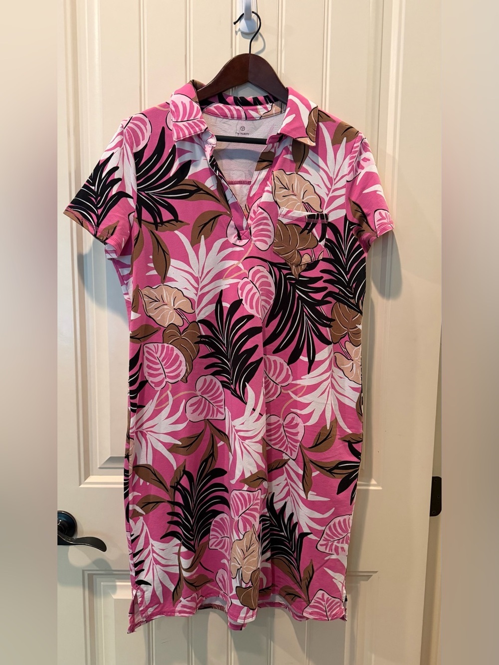 Talbots Large Pink Tropical Polo Dress Soft Stretchy Comfy Summer Fall EUC